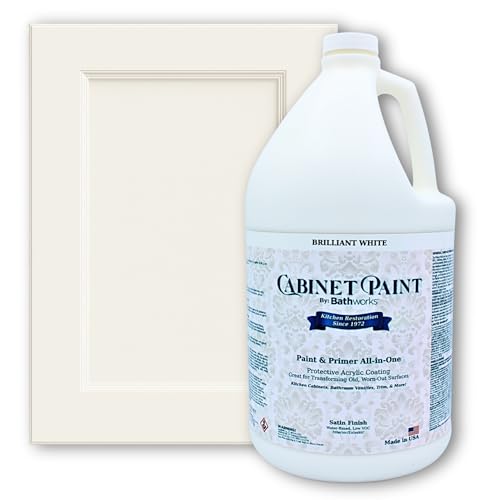 Bathworks Kitchen Cabinet Paint - Satin, Pro-Grade Formula by Refinishing Pros Since 1972, Low-VOC, Scrub Resistant, for Wood, Laminate & MDF Cabinets, Vanities, Furniture (Brilliant White, 1 Gallon) - color: Brilliant White, size: 128 Fl Oz (Pack of 1)