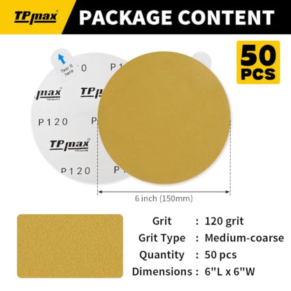 TPmax 6-Inch 120-Grit Gold PSA Sanding Discs, 50 Pack – Pro-Grade Self-Adhesive Stickyback Sandpaper with Quick-Release Tabs for DA Sander, Medium-Coarse Automotive/Wood/Metal Sanding - style: 120 Grit