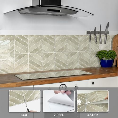 10-Sheet Herringbone Peel and Stick Backsplash Tiles, Beige - color: Beige
