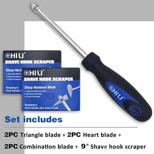 CHILI Hand Tools 3 IN 1 Stainless Steel Shave Hook Scraper Set, Wood Painting Remover, 9" Length with Replacement Blades (Triangle + Combination + Heart) for Home Improvement, Made In Taiwan - size: 3 in 1 Scraper + 6 PC Replacement Blades