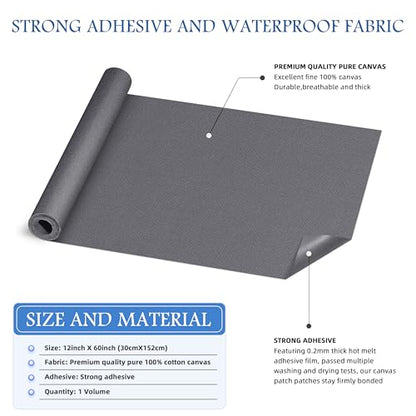 KING MOUNTAIN Canvas Iron on Patch,12"×60",Waterproof 100% Cotton Fabric Repair Patch,Used for Various Sofa,Tent,Clothes,Seats,Suitcases (Gray,Waterproof) - color: Gray, size: Canvas-12x60