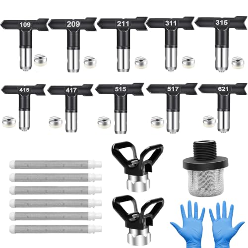 20 Piece Airless Paint Sprayer Tips Set, 6 Reversible Nozzle Tips 6 Spray Gun Filters 1 Inlet Strainer 2 Tip Guards for Airless Spray Machines and a Pair of Gloves