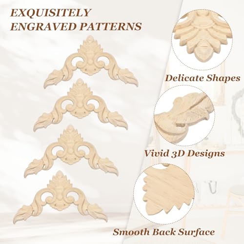 MECCANIXITY 4Pcs Corner Wood Appliques 3.2x3.2 Decorative Wood Small Leaf - size: 3.2 x 3.2 Inch