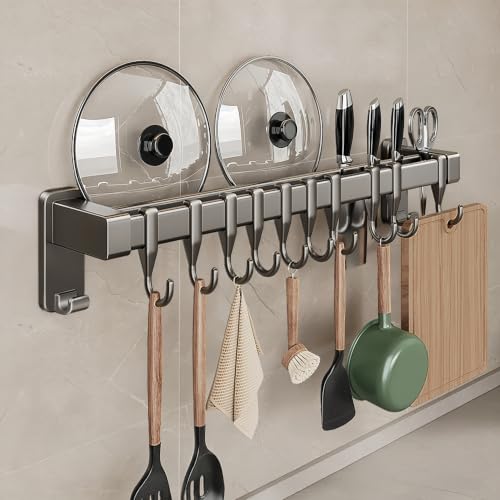 【No-Drill Adhesive for Kitchen】Utensil Rail with 8 Sliding Hooks – 11.8/15.75/19.69 Inch Rustproof Organizer for Pots, Lids & Tools, Scratch-Free Holder for Small Kitchens, Peel Off Without Damage - size: 19.69inch(50cm)