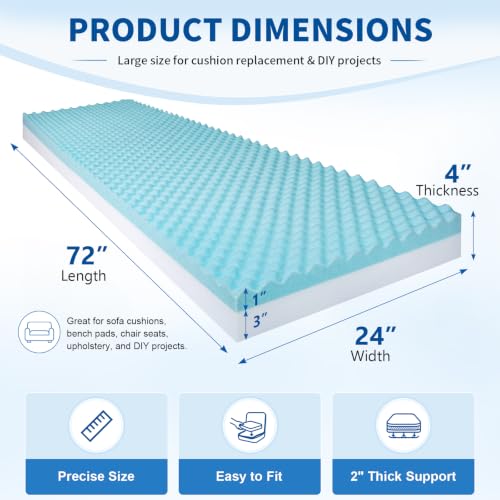 High Density Upholstery Foam (72"x24"x4") Seat Cushion Replacement Foam, 1 Inch Egg Crate Memory Pad for Pressure Relief and Comfort, Cuttable Sofa Sag Support Chair Repair Material DIY Projects - size: 72"x24"x4"