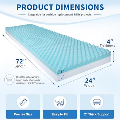 High Density Upholstery Foam (72"x24"x4") Seat Cushion Replacement Foam, 1 Inch Egg Crate Memory Pad for Pressure Relief and Comfort, Cuttable Sofa Sag Support Chair Repair Material DIY Projects - size: 72"x24"x4"