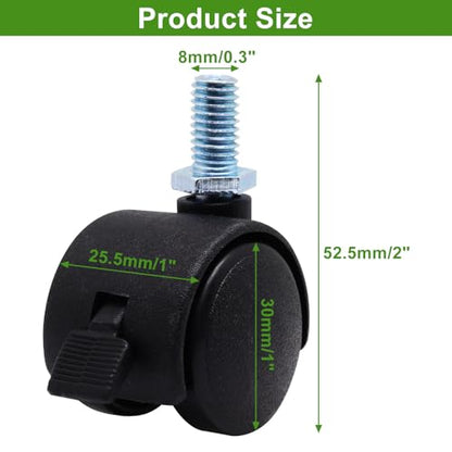 1 Inch Swivel Caster Wheels with Brake, M8 Threaded Swivel Casters Set of 4, Black Nylon Replacement Casters Wheels for Furniture Table Cabinet Office Chair - style: 1 Inch with Brake-Threaded Stem