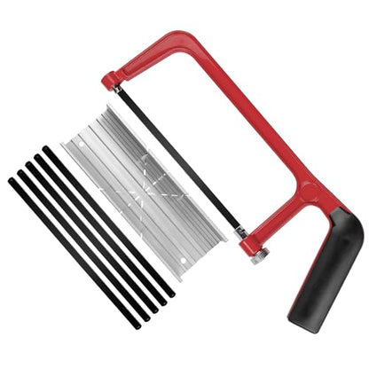 HAUTMEC Mini Hacksaw with Miter Box, 6" Metal Hand Saw with 6 Pcs Bi-Metal HSS Blade, 5.3" Aluminum Miter Box for 45° 90° 135° Precision Cuts, Small Hack saw for Steel, Wood, PVC & Craft (HT0262) - style: Mini Hacksaw Set | 3 PC