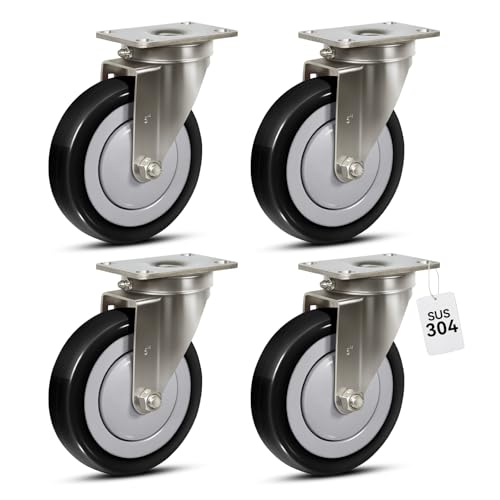 5" Stainless Steel Casters Set of 4 Heavy Duty, Swivel Industrial Caster Wheels, Anti-Corrosion Rust-Proof Plate Polyurethane Casters for Hospitals Food Labs (4 Swivel) - style: 4 Swivel