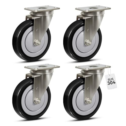 5" Stainless Steel Casters Set of 4 Heavy Duty, Swivel Industrial Caster Wheels, Anti-Corrosion Rust-Proof Plate Polyurethane Casters for Hospitals Food Labs (4 Swivel) - style: 4 Swivel