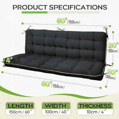 Oxford Fabric Swing Cushions with Backrest & Tie Straps for Patio Bench - color: Black