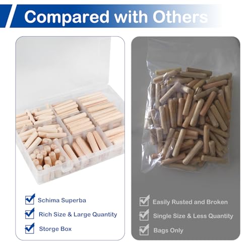 220Pcs Wooden Dowel Pin Assortment Kit, 9 Sizes(1/4", 5/16", 3/8") - size: Mix (6.35mm, 7.94mm, 9.53mm) - 9 Sizes