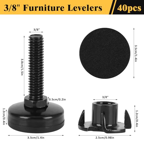 60 Pcs Adjustable Leveling Feet with T-Nut Kit, 3/8”-16 Thread Furniture Levelers - size: 60 Pcs