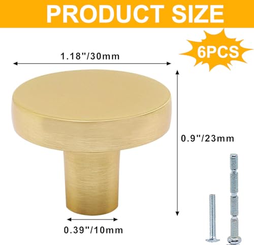 6 Pack Brushed Brass Cabinet Knobs, Gold Drawer Knobs Round Knob for Dresser Drawers, Single Hole Cabinet Door Knob Dresser Drawer Pulls Handles - color: Gold