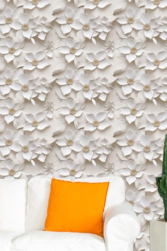 Peel and Stick Wallpaper Cream White Floral Accent - color: Cream&yellow, size: 17.7" x 118"