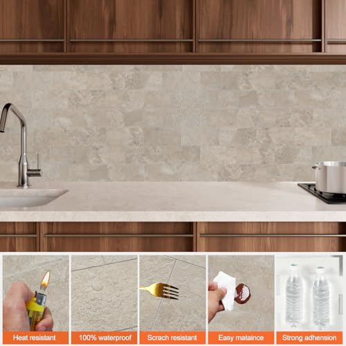 10 Sheet Stone Beige Peel and Stick Backsplash, 11.8'’x 11.8'' Luxury Ceramic Look Self Stick Subway Tiles, Waterproof Peel and Stick Wall Tiles for Kitchen and Bathrrom - color: Stone Beige