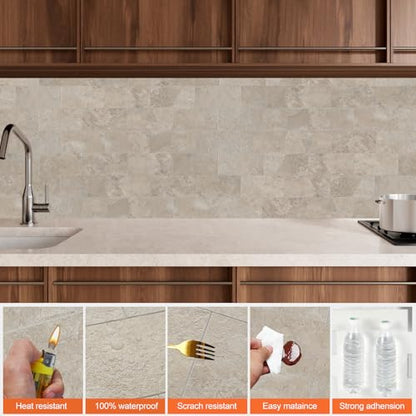 10 Sheet Stone Beige Peel and Stick Backsplash, 11.8'’x 11.8'' Luxury Ceramic Look Self Stick Subway Tiles, Waterproof Peel and Stick Wall Tiles for Kitchen and Bathrrom - color: Stone Beige