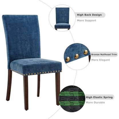 COLAMY Upholstered Parsons Dining Chairs Set of 2, Fabric Dining Room Kitchen Side Chair with Nailhead Trim and Wood Legs - Dark Blue - color: F-darkblue, size: Set of 2