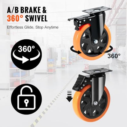 VEVOR Caster Wheels, 6-inch Swivel Plate Casters, Set of 4, with Security A/B Locking No Noise PVC Wheels, Heavy Duty 700 lbs Load Capacity Per Caster, Non-Marking Wheels for Cart Furniture Workbench