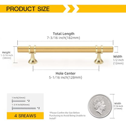 Rergy 10 Pack 5 Inch Hole Center Gold Handles for Cabinets Kitchen Pulls - color: Gold, size: 5-1/16in Hole Center(128mm)