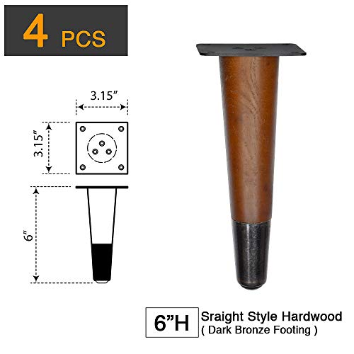 4 Pcs Retro Straight Wood Furniture Legs – Solid Wood Sofa, Bench, Table Legs with Metal Footing, Durable and Stylish Design (6" H Dark Bronze Footing) - size: 6"H Dark Bronze Footing