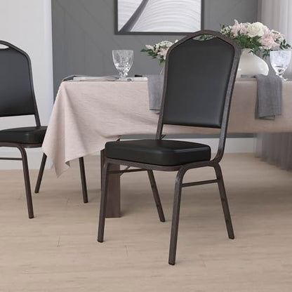 EMMA + OLIVER Black Vinyl Crown Back Stacking Banquet Chair - color: Black Vinyl/Gold Vein Frame