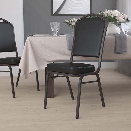 EMMA + OLIVER Black Vinyl Crown Back Stacking Banquet Chair - color: Black Vinyl/Gold Vein Frame