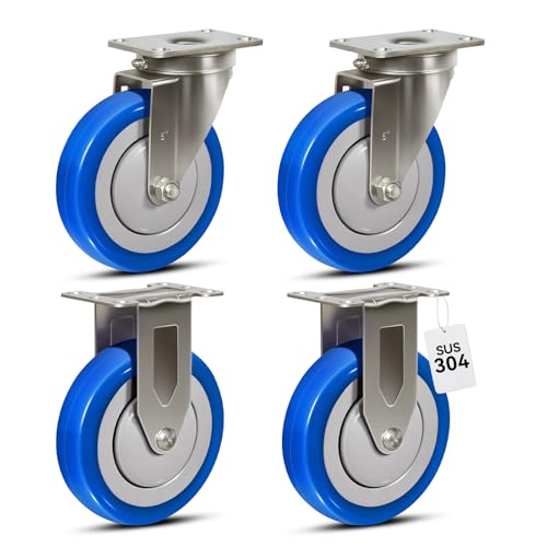 5" Stainless Steel Casters, Swivel Industrial Casters Set of 4 Heavy Duty, Anti-Corrosion Rust-Proof Plate Polyurethane Caster Wheels for Cart (2 Swivel& 2 Rigid) - style: 2 Swivel&2 Rigid