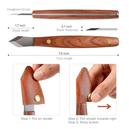 Marking Knife Woodworking Heavy Duty Scribing Gauge Knife Leather Sheath Carbon Steel Double Beveled Blade Striking Knife Wooden Handle Scribe Carving Tool Fathers Day Mens Woodworking Birthday Gift