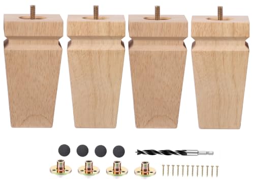 Unfinished Oak Furniture Legs - Heavy Duty Mid Century Solid Wood Replacement Sofa Legs Set of 4 for Couch Bench Bed Dresser Coffee Table-with Installation Hardware (Natural 6" H*3.15" W) - color: Plain Wood Color, size: 6"H*3.15"W
