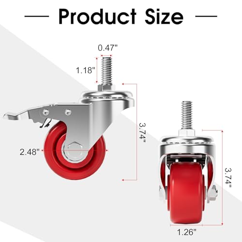 Caster Wheels, Threaded Stem Casters Set of 4 Heavy Duty,1/2"-16 x 1(Stem Diameter 1/2", Length 1"), Dual Locking Caster, Industrial Castor Wheels for Furniture,Carts - color: Silver-Red