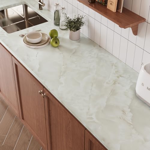 VaryPaper Large Size 32"x118" Thick Cream Marble Countertop Contact Paper Peel and Stick Marble Wallpaper Waterproof Kitchen Vinyl Wrap for Countertops Table Removable Self Adhesive Granite Wall Paper - size: 32" x 118"