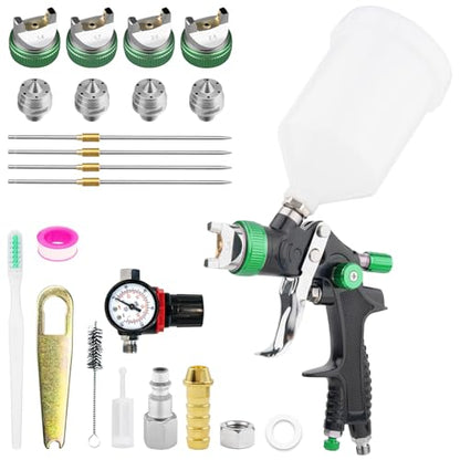 HVLP Paint Spray Gun, Air Gravity Feed System with 4 Nozzles 1.4/1.7/2.0/2.5mm & Regulator for Efficient, Automotive Paint Gun for Car, House Painting, Furniture, Wall, Shed, Fence Painting (Green) - color: Green