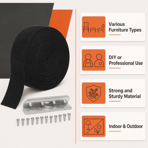 2 Inch x 40ft Thicken Webbing Replacement Kit – Elastic Heavy Duty Upholstery Strap Roll with 40 Metal Clips for Fixing Sagging Sofas, Dining Chairs, Patio Furniture & Outdoor Seats (Black)