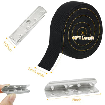 2 Inch x 40ft Thicken Webbing Replacement Kit – Elastic Heavy Duty Upholstery Strap Roll with 40 Metal Clips for Fixing Sagging Sofas, Dining Chairs, Patio Furniture & Outdoor Seats (Black)