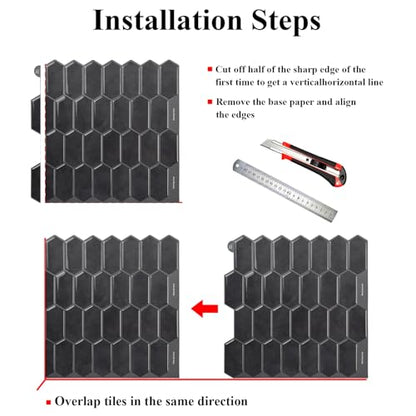 Alwayspon 10 Sheets 12" x12inch Black 3D Vinyl Backsplash Tiles, Self-Adhesive Peel and Stick Wall Tile Stickers Stick on Subway Tiles for Kitchen Bathroom Wall - color: Black