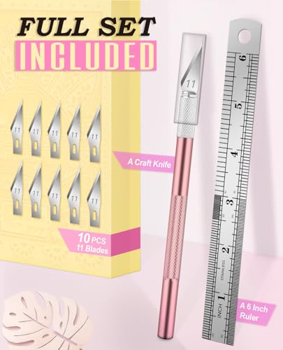 DIYSELF Exacto Knife Set with 10 Extra #11 Blades, 6-Inch Metal Ruler, Pink - color: Rose Gold-10pcs