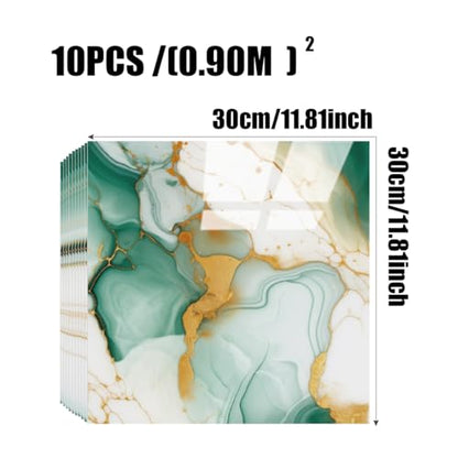 Chejiaye 10pcs Marble Peel and Stick Backsplash Waterproof Washroom Wall Panels, Peel and Stick Tile, PVC Foam Wall Panels for Kitchen,Bathroom,Living Room,Green and Gold(Not Real Tile,11.8" x 11.8") - color: Green and Gold, size: 11.8" x 11.8" x 10Pack