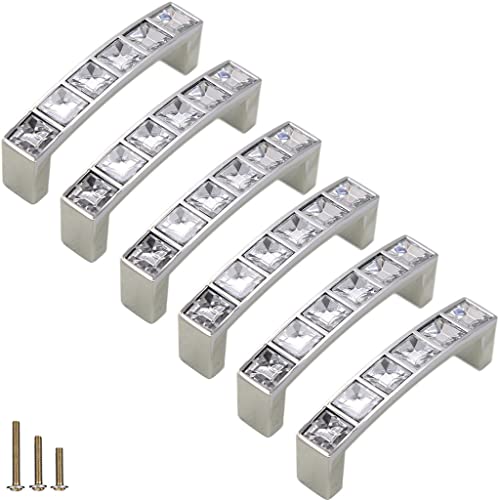 6Pcs U Shape Crystal Glass Drawer Pulls Knobs Handles,Modern Decorated Shiny Cabinet Konbs Zinc Alloy Pulls, for Cupboard Wardrobe Dresser Doors (2.5" Hole Distance, Silver, 6 Pack) - size: U-shaped 2.5" Hole Distance