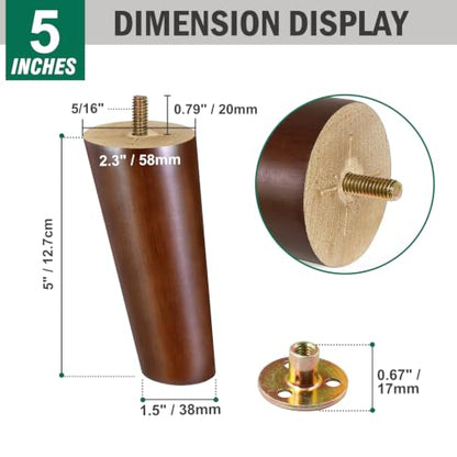 FoDau770 Rubber Wood Legs 5", Slant Taper, 5/16"-18 Thread, Brown, 4pcs - color: Brown, size: 5 Inch - Slanted (80°)