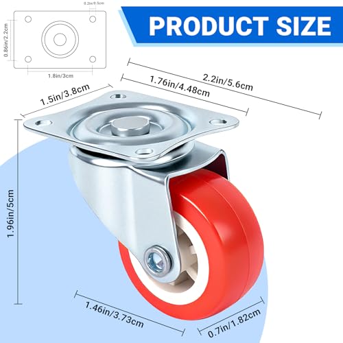 1.5 Inch Caster Wheels Set of 4, 4 Swivel, Red PU, Plate Mount - size: 1.5 Inch