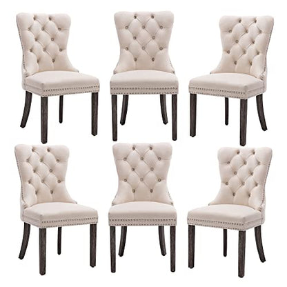 Beige Velvet Dining Chairs Set of 6, Elegant Tufted & Nailhead, Wood Legs - color: Beige, Wood Leg, size: set of 6