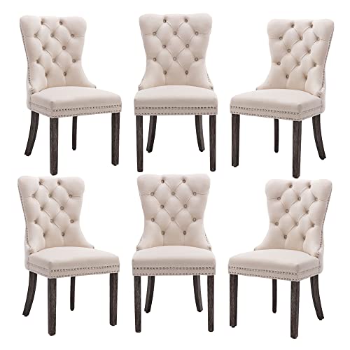 Beige Velvet Dining Chairs Set of 6, Elegant Tufted & Nailhead, Wood Legs - color: Beige, Wood Leg, size: set of 6
