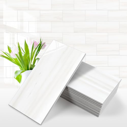 Vamos Tile 100-Piece Glossy Dolomite White Peel and Stick Backsplash Tile,3''x6'' PVC Subway Tile with White Grout, Stick on Backsplash for Kitchen/Bathroom/Fireplace - color: Dolomite White