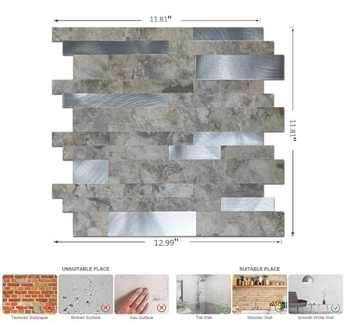 10 Sheets Backsplash Tile for Kitchen Peel and Stick, 11.81" X 11.81" Self-Adhesive Waterproof, Metal Backsplash Subway Tile, Stick on Tiles Kitchen Bathroom(Darken Coffee+Frosted Silver) - color: Darken Coffee+Frosted Silver