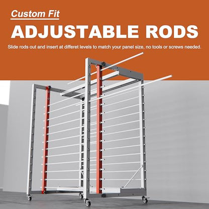 Drying Painting Rack for Cabinet Doors – 13-Tier Metal Panel Stand with Locking Wheels and Adjustable Depth