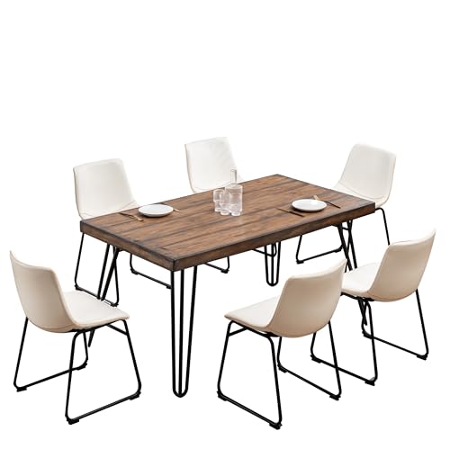 7-Piece Industrial Dining Set with 6 Faux Leather Chairs, Brown - color: Brown-a