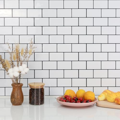 STICKGOO Subway Tile Peel and Stick Backsplash, Thicker Design 12" x 12" Stick on Backsplash Tiles for Kitchen, Bathroom, Wall Tile (1 Sheet, Cold White with Black Grout)