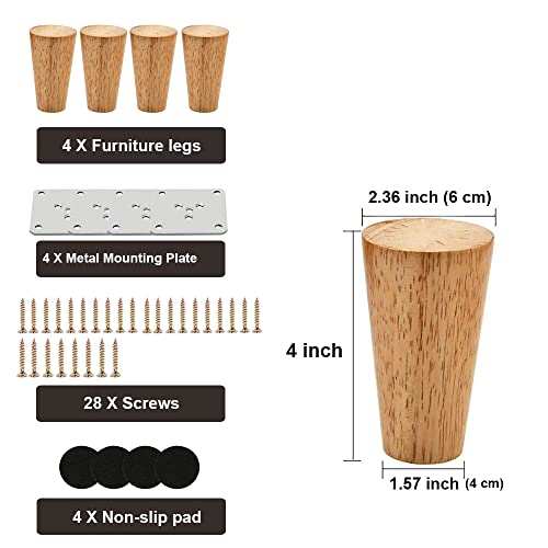 Wood 4 Inch Furniture Legs Set of 4 Round Solid Mid Century Couch Feet Replacement Legs for Sofa Dresser Cabinet Bed Ottoman Home DIY - color: Round Straight Natural