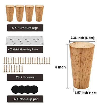 Wood 4 Inch Furniture Legs Set of 4 Round Solid Mid Century Couch Feet Replacement Legs for Sofa Dresser Cabinet Bed Ottoman Home DIY - color: Round Straight Natural